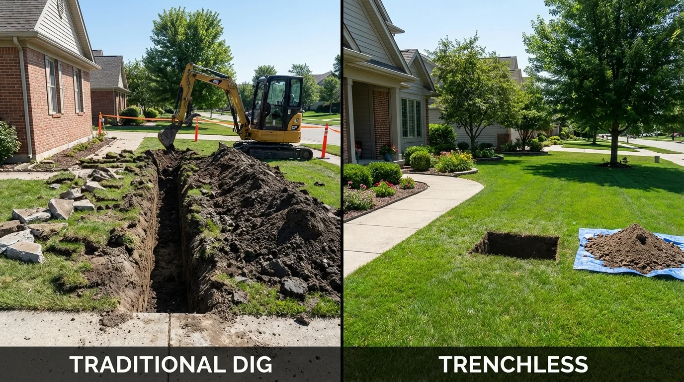 Trenchless sewer repair with minimal yard damage versus traditional excavation in Palmyra, WI