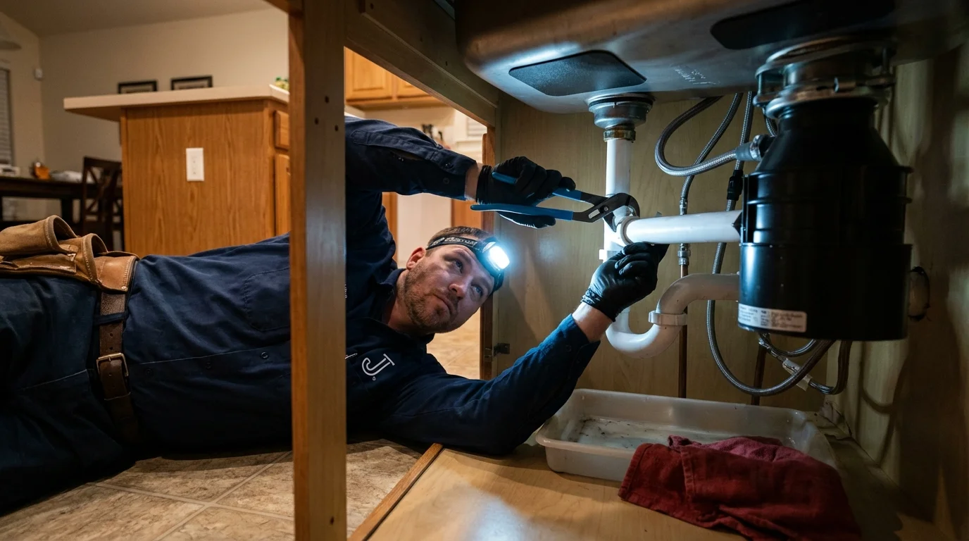 P-trap and supply line connections under a kitchen sink showing a common leak point in Palmyra, WI